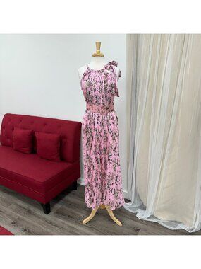 Medium Floral Print Pink Chiffon Accordion Pleated Summer Wedding Dress Tea Part
